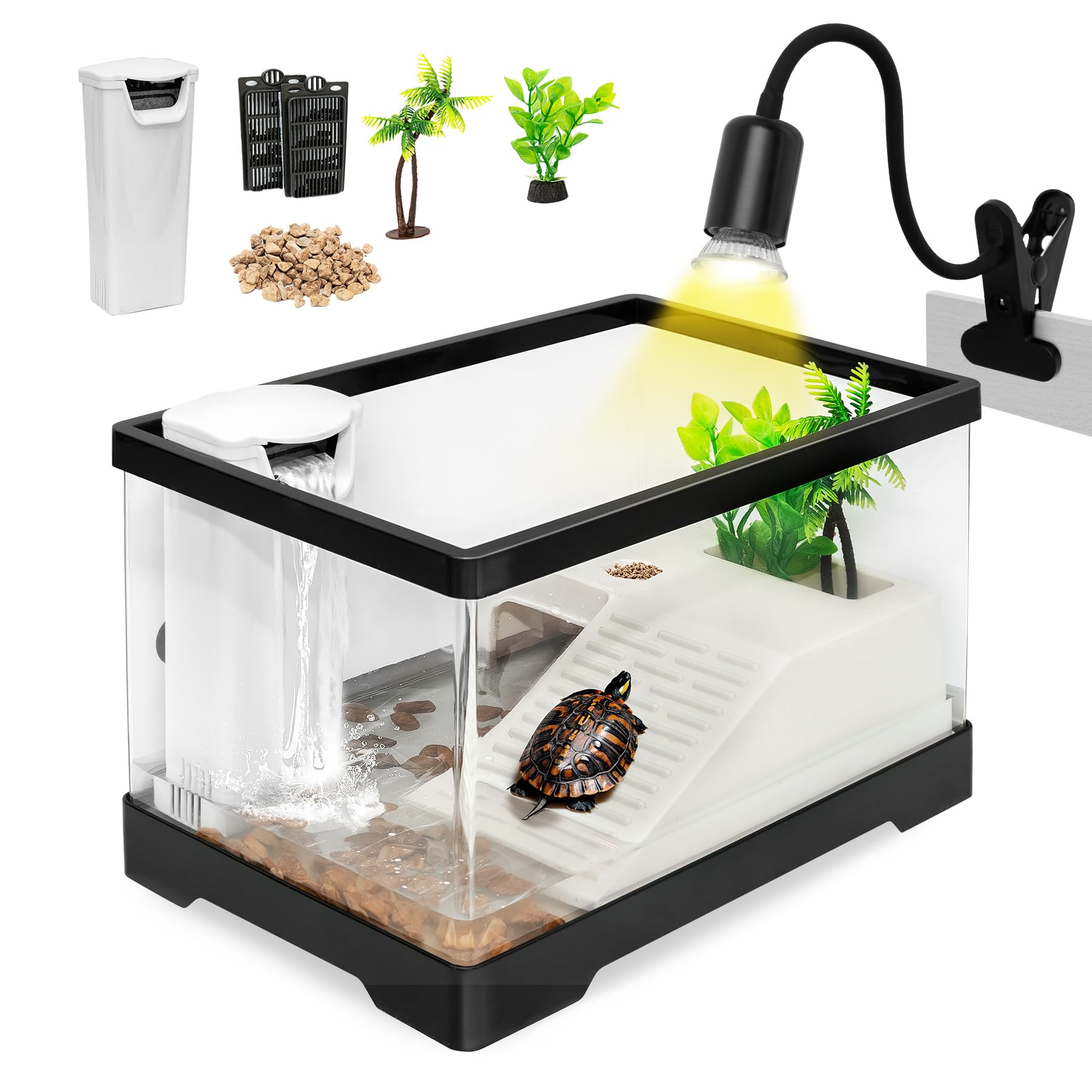 Photo 1 of Clioran Turtle Tank Kit,PC Small Red Eared Slider Aquarium,Aquatic Baby Tortoise Habitat for Fishes and Amphibians,Include Filter*1,Filter Plates*2,Plants*2,Lamp*1,Bulb*1,Stone*1,Basking Platform*1