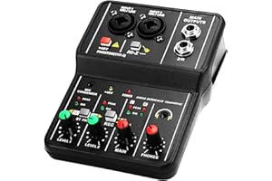 Audio Mixer, Mini 2 Channel Audio Dj Mixer Console Interface with 48V Power Combo Jack Microphone, Guitar XLR 6.35mm, 3.5mm S