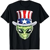 Alien Uncle Sam 4th of July T shirt Men American Flag UFO
