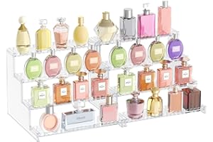 Lifewit 4 Tier Clear Display Risers Stand with Decorative Fences, Plastic Perfume Organizer, Display for Figures, Cupcake, De