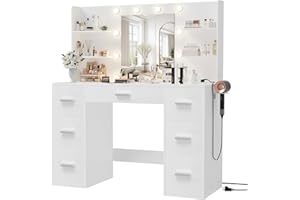 Furmax Vanity Desk with Mirror, LED Lights and Power Outlet Makeup Vanity Table with 7 Drawers and 6 Storage Shelves Dressing Table for Bedroom Dressing Room (White)