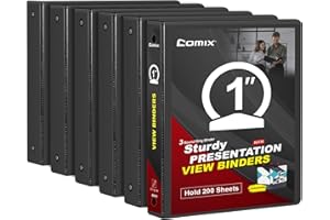 COMIX Sturdy 3 Ring Binder 1 inch with Clear View Cover, 1" Round Ring View Binder, PVC-Free, 200 Sheets Capacity of US Letter Size Paper, Office ＆ School Supplies, 6 Pack (Black)
