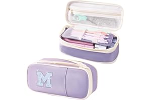 Janhavi Preppy Pencil Case for Girls, Aesthetic Pencil Pouch, Initial Pen Bag for College School Office, Back to School Stuff, Ideal Birthday Gift for 7,8,9,10,11,12,13 Years Old Girls Purple M