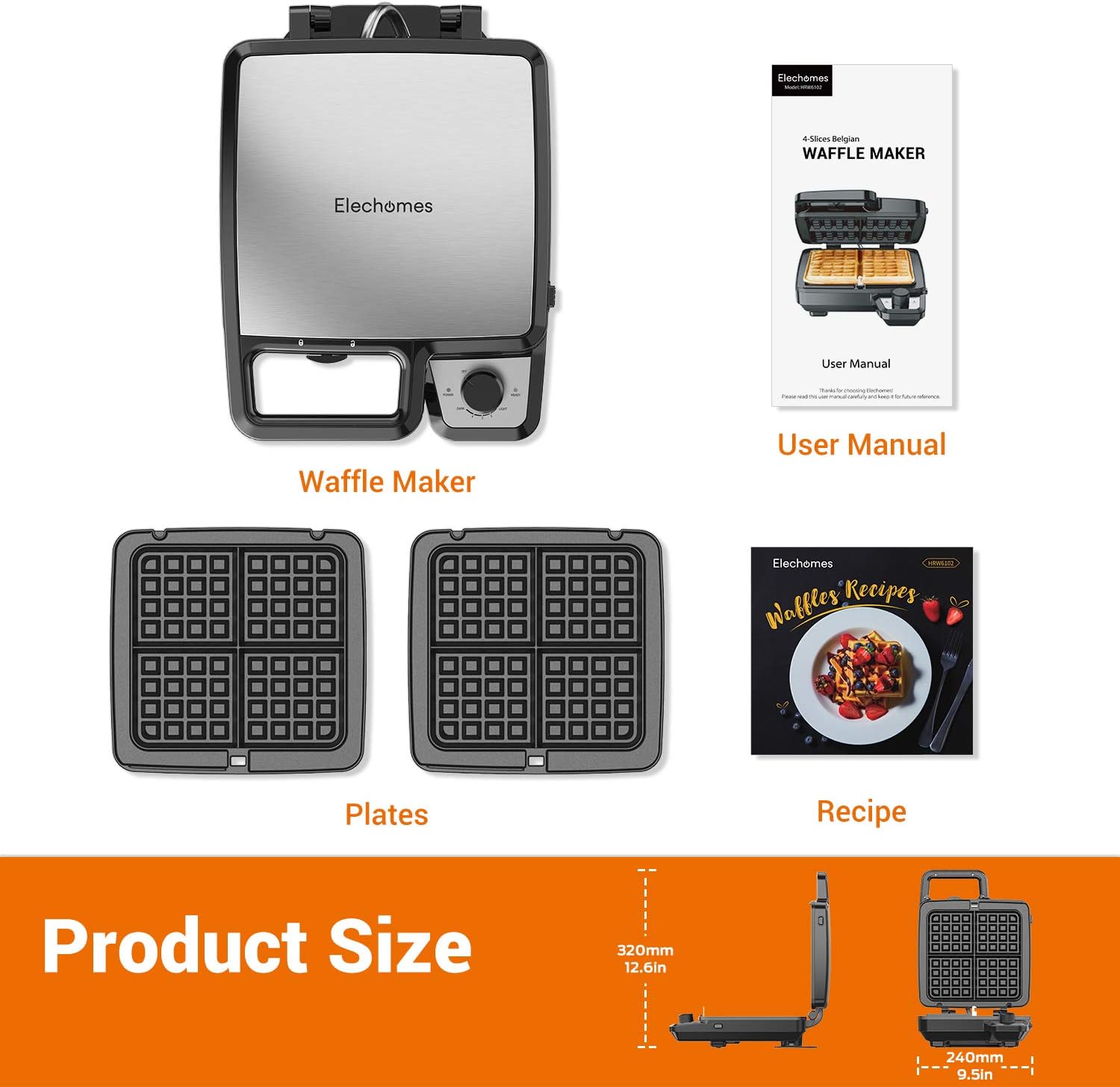 Elechomes Waffle Maker with Removable Plates, 4-Slice Belgian Waffle Iron, Anti-Overflow Nonstick Grids, Browning Control, Indicator Light, Compact Design, Recipes Included, Stainless Steel: Kitchen & Dining