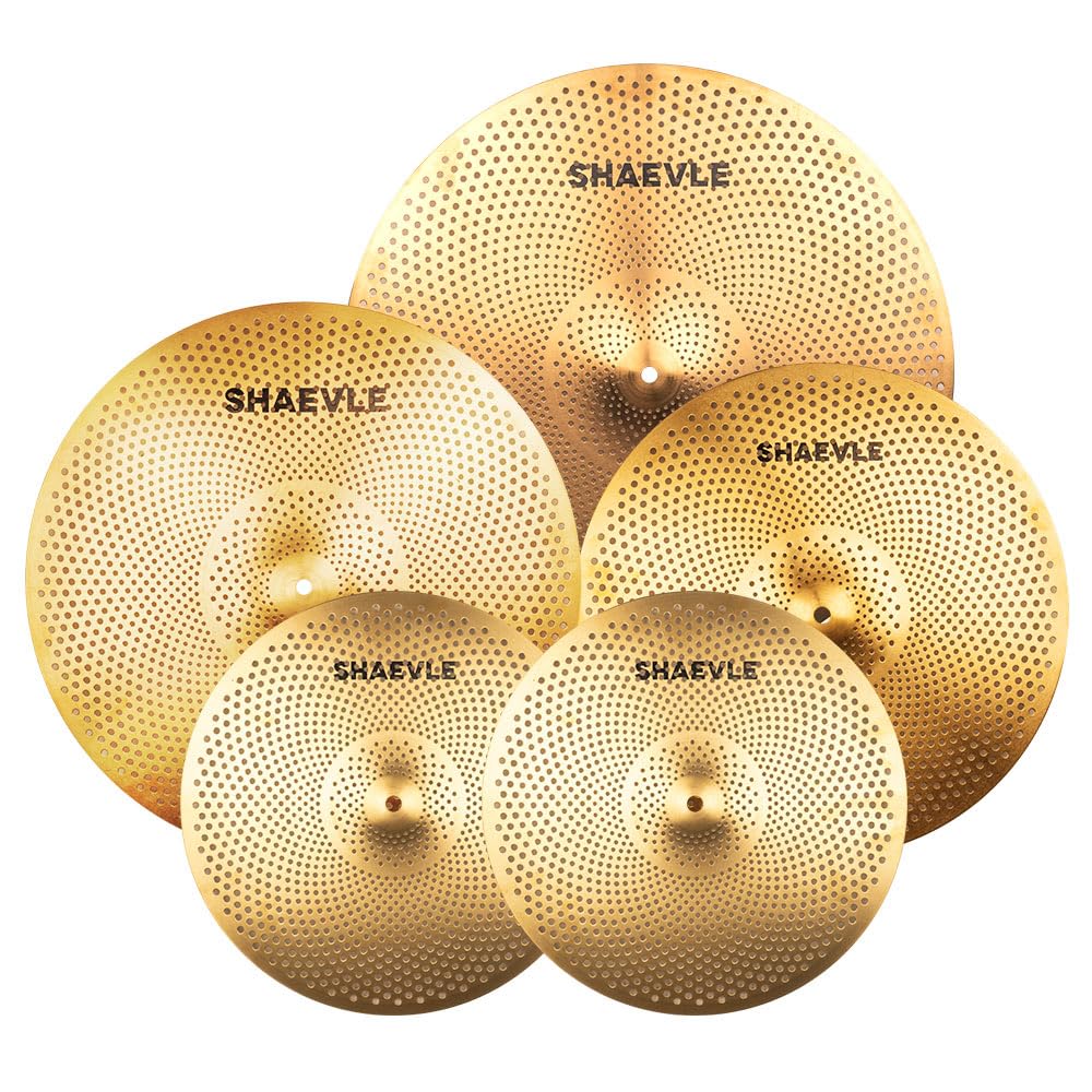 SHAEVLE Low Volume Cymbal Pack: 14" Hi-Hat, 16" & 18" Crash, 20" Ride - Golden Mute Practice Cymbals