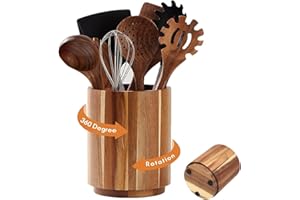 Wood Utensil Holder, 360° Rotating 6.5'' Large Wooden Cooking Utensil Crock for Kitchen Counter, Farmhouse Kitchen Decor, Mul