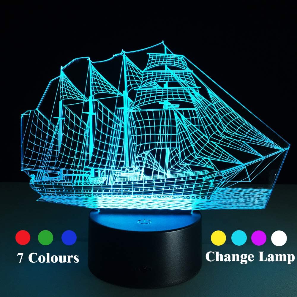 Youdepot Sailboat 3D led Illusion lamp 7 LED Colors Changing Lighting Night Light,Touch Switch USB Charge Table Desk Bedroom Decoration,light show for bedroom，Perfect Lighting Gifts for Boys Girls Kid