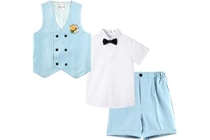 LOLANTA 4Pcs Summer Boys Suit, Kids Dress Clothes Shirt Vest Shorts Bow Tie, Waistcoat Tuxedo Wedding Ring Bearer Outfit