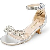 DREAM PAIRS Girls Sandals Ankle Strap Square Toe Low Heel Bow Flower Dress Shoes