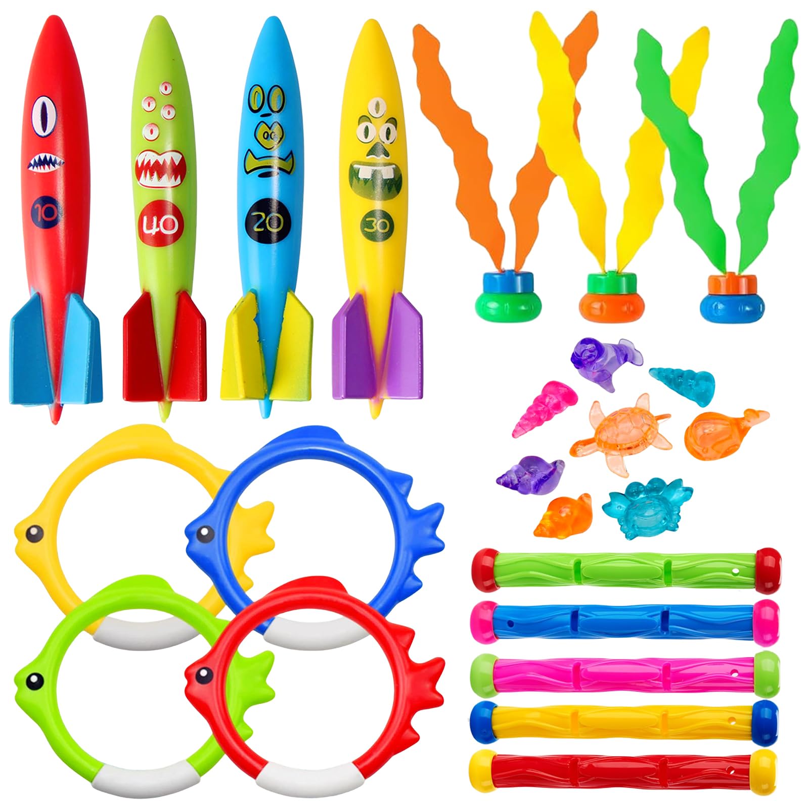 24Pcs Diving Pool Toys,Swimming Pool Toys with Dive Sticks Torpedoes Bandits Diving Rings Diving Seagrass Marine Gem Diving Games Bath Water Toy Underwater Pool Training Toy Swim Toy for Kids Age 4-12