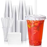 JOLLY CHEF 100 Sets 20 oz Clear Plastic Cups with Lids and Straws, Disposable Iced Coffee Cups with Lids for Smoothies, Milkshakes, Cold Drinks, Includes Paper Lid Liners