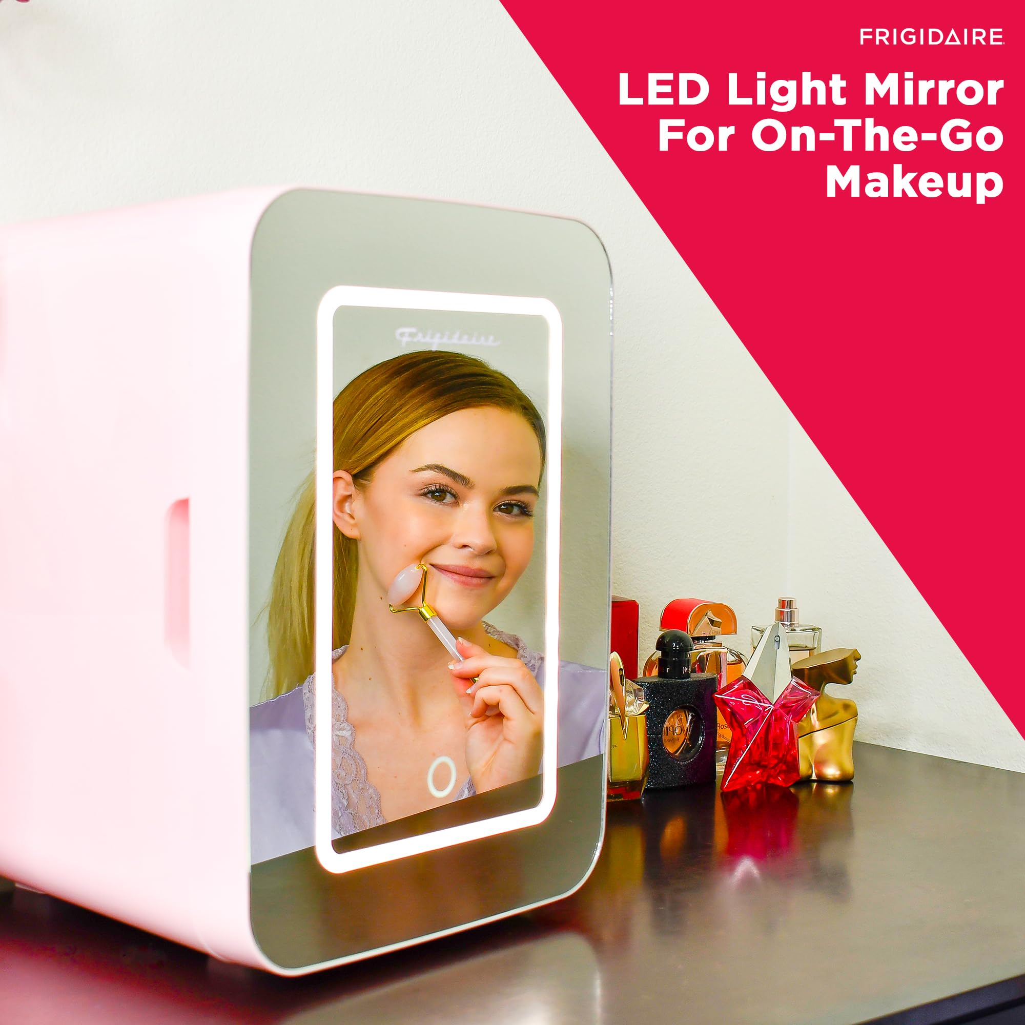 FRIGIDAIRE Mini Cooler, Portable Compact Personal LED Lighted Mirror Fridge, 6.5L Capacity Chills 9 Cans, 100% Freon-Free & Eco Friendly, for Makeup, Skincare, 12"D x 8"W x 12"H (Pink) - Image 4