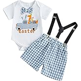 Doqcey Infant Baby Boy Easter Outfit Car Letter Print Short Sleeve Romper Plaid Suspender Shorts Set 2Pcs Summer Clothes