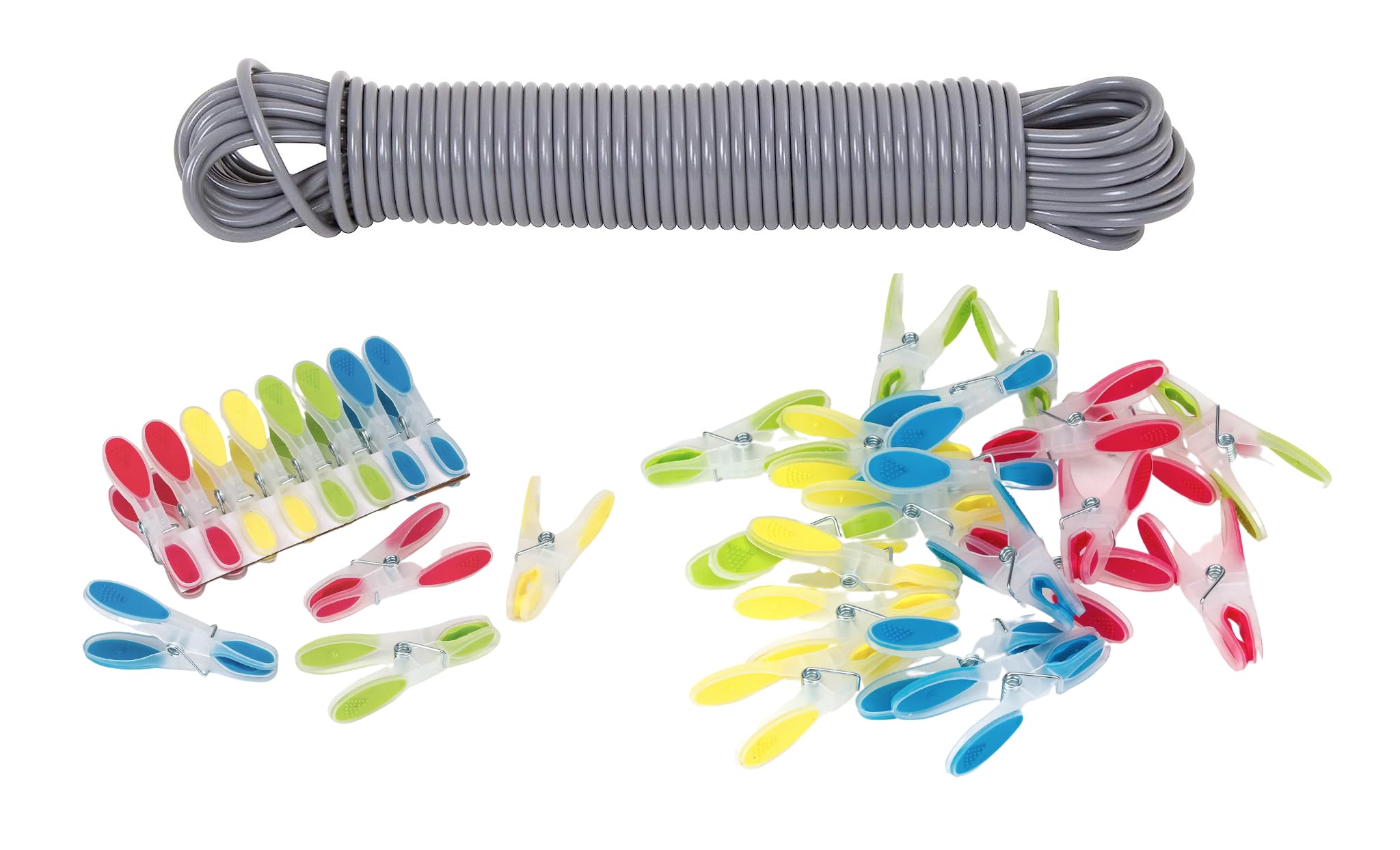25m Extra Strong Steel Core Washing Line 3.5mm Heavy Duty Clothes Line Rope (Grey) + 20 Soft Grip Clothes Pegs – Indoor Outdoor Laundry Line with Strong Plastic Rubber Grip Pegs, Bright Colours