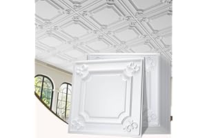 LooYee 24 PCS White Ceiling Tiles 24x24 Inch, French Style 3D Decorative Ceiling Panels 2x2Ft PVC Waterproof Washable Plastic Material Ideal for Living Room Bedroom Bathroom Garage Cover 96 Sq.Ft