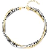 COOLSTEELANDBEYOND Multi-Strand Choker Necklace Women, Tri-tone Mixed Snake Chain Wires, Trendy Layered Collar Jewelry