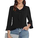 Funlingo Womens 3/4 Length Sleeve Tops V Neck Dressy Casual Blouses Tunic Trendy Business Office Ruffle Work Shirts
