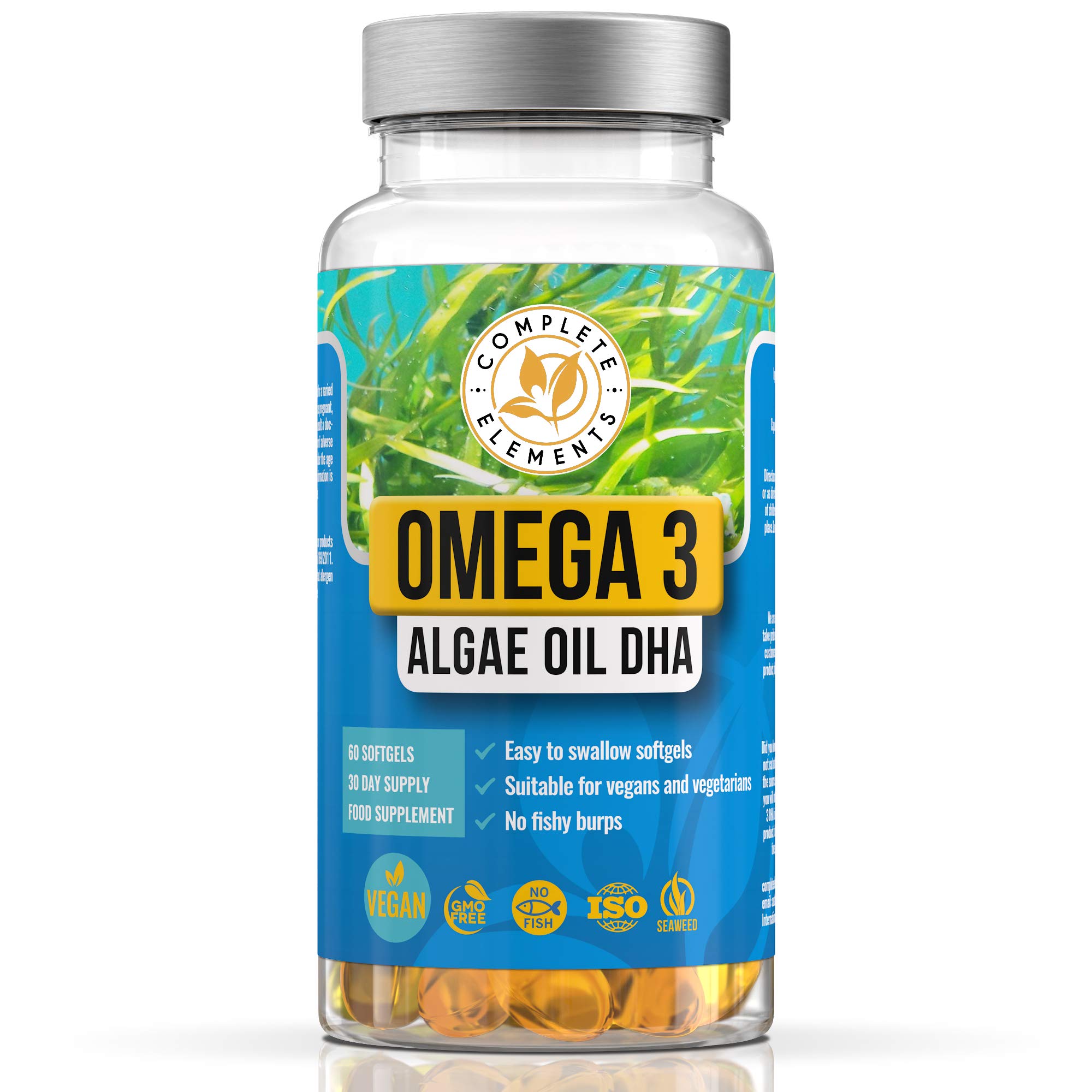 Vegan Omega 3 Algae Oil | Sustainable Algal Alternative to Fish Oil | 60 High Strength Capsules | 400mg DHA Supplement with Vitamin E | Vegetarian Essential Fatty Acids | Heart, Joints, Brain Health