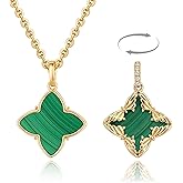 Fettero Necklaces for Women Trendy 14K Gold Plated Charm Necklace Green Malachite Heart Coin Butterfly Cross Clover Pendant Dainty Gold Necklace for Women Jewelry