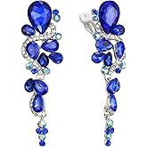 BriLove Wedding Bridal Clip-On Earrings for Women Bohemian Boho Crystal Multiple Teardrop Chandelier Dangle Jewelry Royal Blue Sapphire Color Silver-Tone