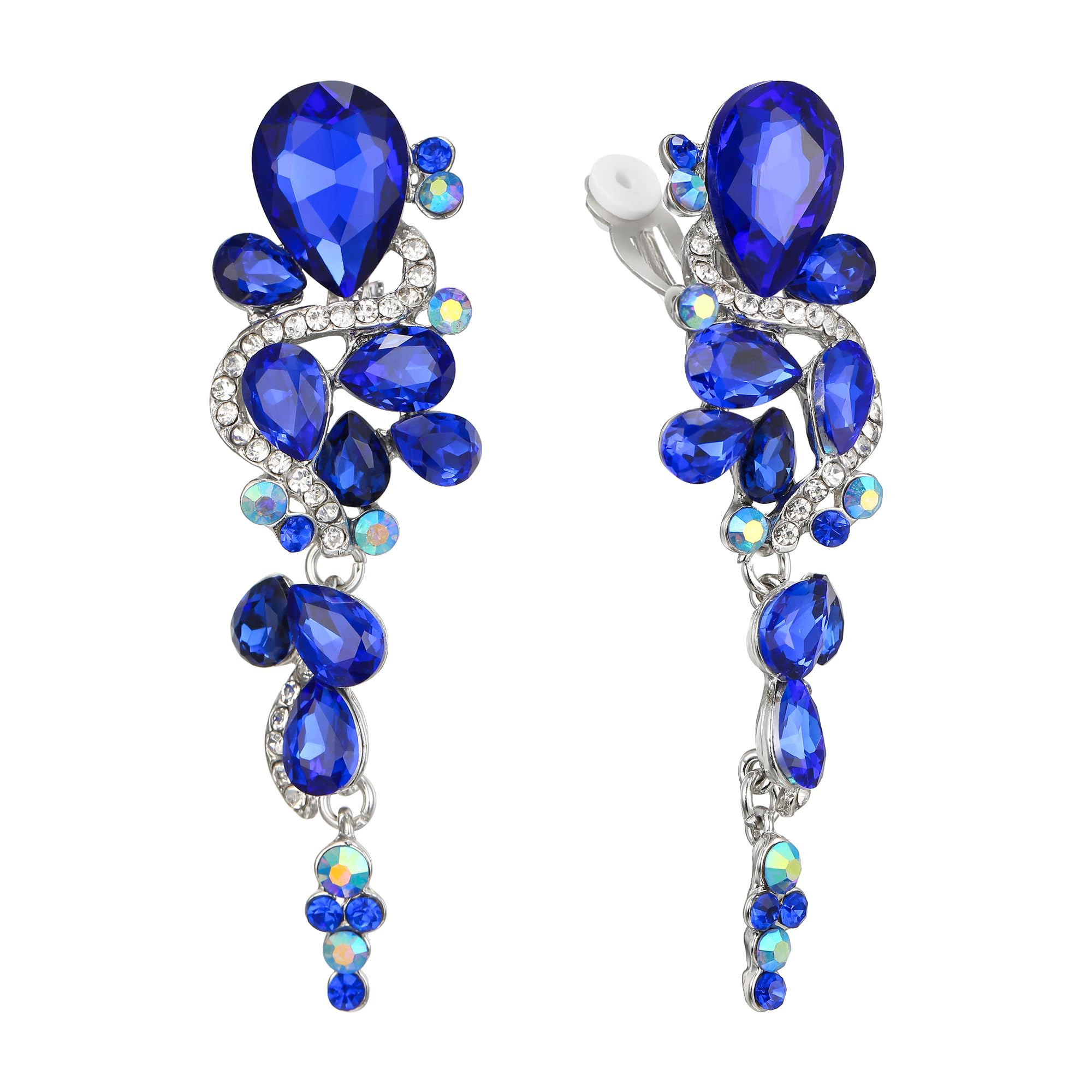 Clearine Wedding Jewellery for Brides Statement Costume Bohemian Boho Crystal Diamante Teardrop Cluster Long Drop Clip-On Chandelier Dangle Earrings Blue Sapphire Colour Silver-Tone