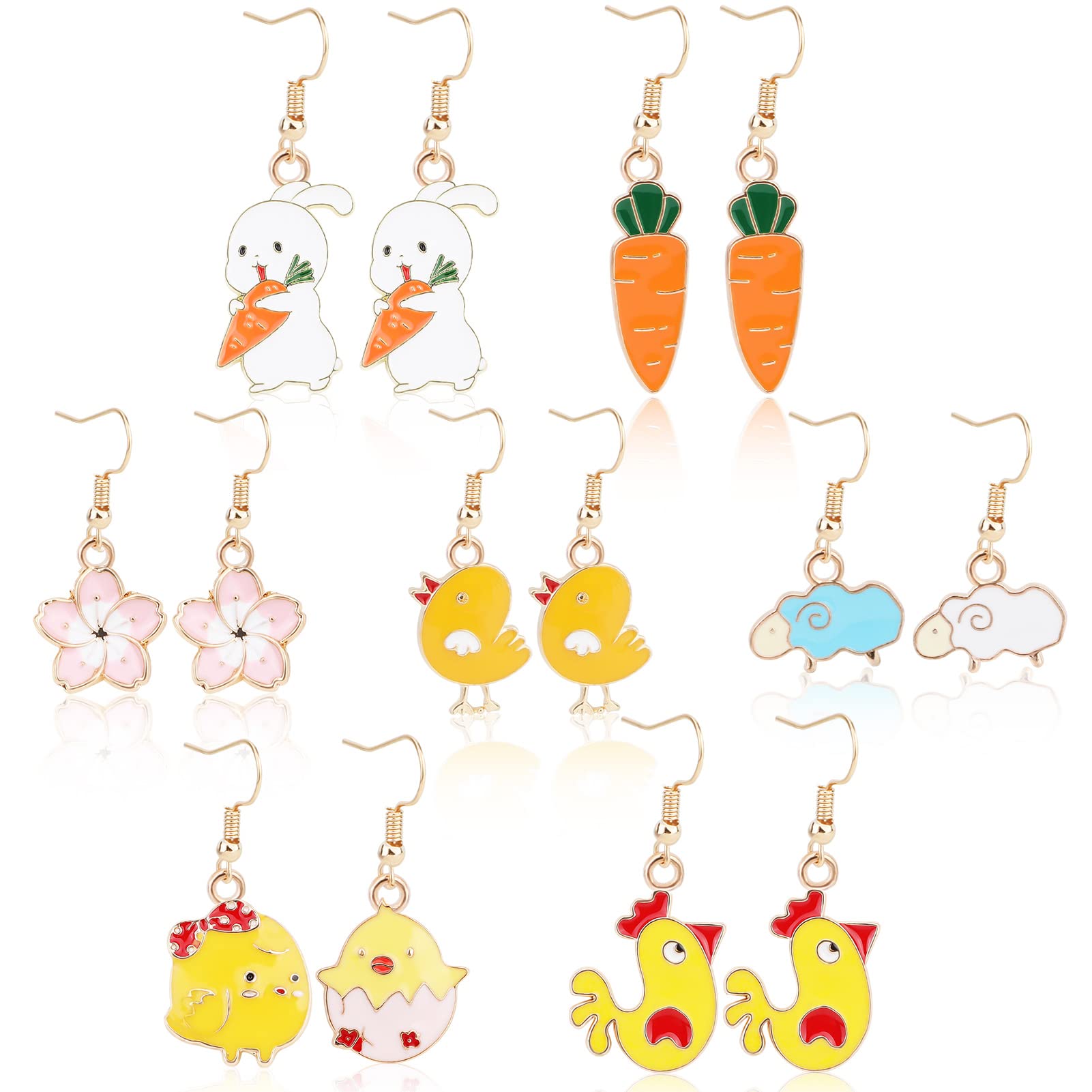 DPKOW 7 Pairs Easter Earrings Pendant Set, Dangle Earrings with Bunny, Chick, Rooster, Sheep, Carrot, Pink Flowers Designs, Stainless Steel, Perfect for Women, Ladies, Girls, Gift