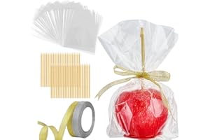 Ocmoiy DIY Candy Apple Kits - 100 Pcs Candy Apple Sticks and Bags with 50 Yard Gold and Silver Glitter Ribbons for Large Caramel Apple Lollipop Making Packaging Supplies