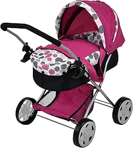 Hauck Pink Dot Doll Pram with Retractable Large Canopy, Shopping Basket &amp; Removable Carry Cot, converts to a Bed