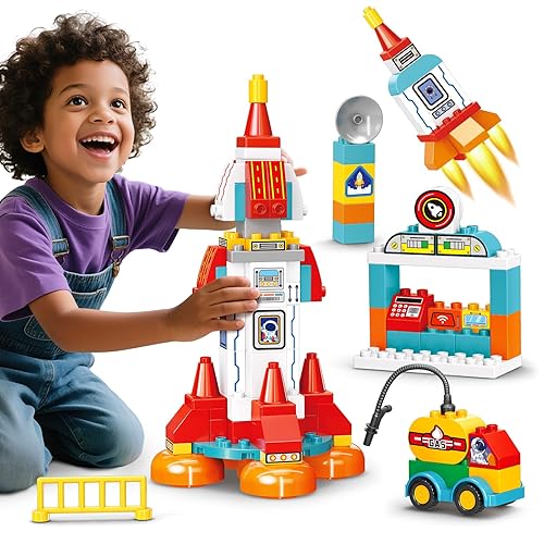 Building Blocks for Toddlers 1-3-5, 131 Pcs Space Rocket STEM DIY Big Classic Building Bricks Toys Set for Kids Ages 2-4-5-8, Compatible With All Major Brands, Spaceship Gift Toy for 3-5 Boys Girls
