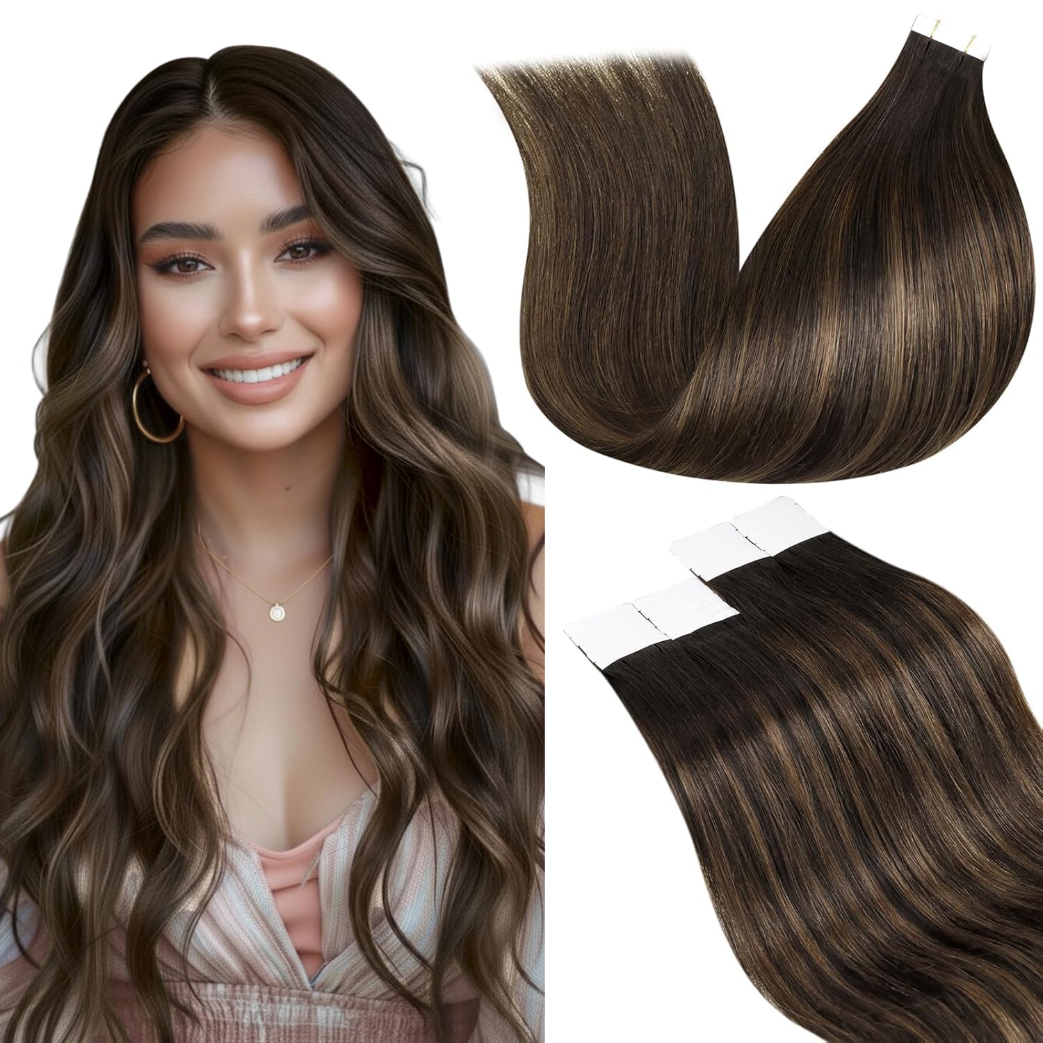 LaaVoo Tape in Hair Extensions Human Hair Dark Brown Tape Hair Extensions Real Human Hair Invisible Tapes Remy Straight Balayage Darkest Brown to Brown Hair Double Sided Tabs 20pcs 30g 12 Inch #2/8/2 — image 1