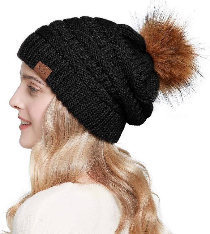 SOMALER Women Winter Knit Slouchy Beanie Hats with Faux Fur Pom Pom Thick Warm Chunky Baggy hat