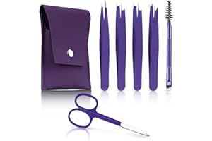 SOFYE Tweezer Set, 6 Pcs Tweezers Set for Women, Precision Tweezer for Eyebrows with Curved Scissors, Eyebrow Grooming Kit for Ingrown Hair with Leather Case