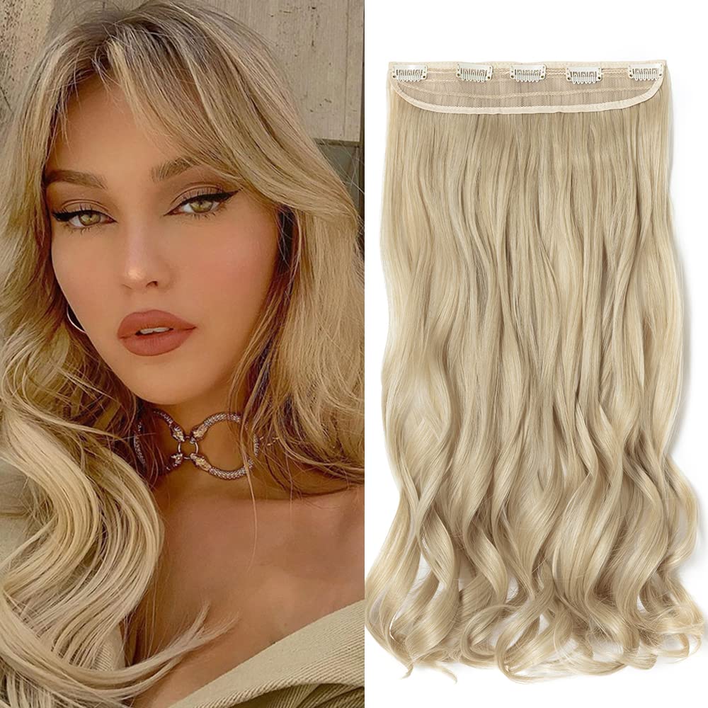 24 Inch One Piece 5 Clips Matte Material Hair Extension Curly Wavy Clip In Hairpiece Synthetic For Women Beauty, Ash Blonde Mix Bleach Blonde
