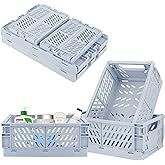 Weraher 4 Pack Collapsible Small Storage Bins, Small Bins and Baskets for Desk and Locker Organizing, 2 Medium + 2 Foldable Plastic Crates, Classroom Craft Bathroom Storage(Blue)