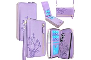 Lacass Wallet for Samsung Galaxy S24 6.2 inch 2024, Crossbody Dual Zipper Detachable Magnetic Leather Wallet Case Cover Wristlets Wrist Strap 13 Card Slots Money Pocket (Floral Purple)