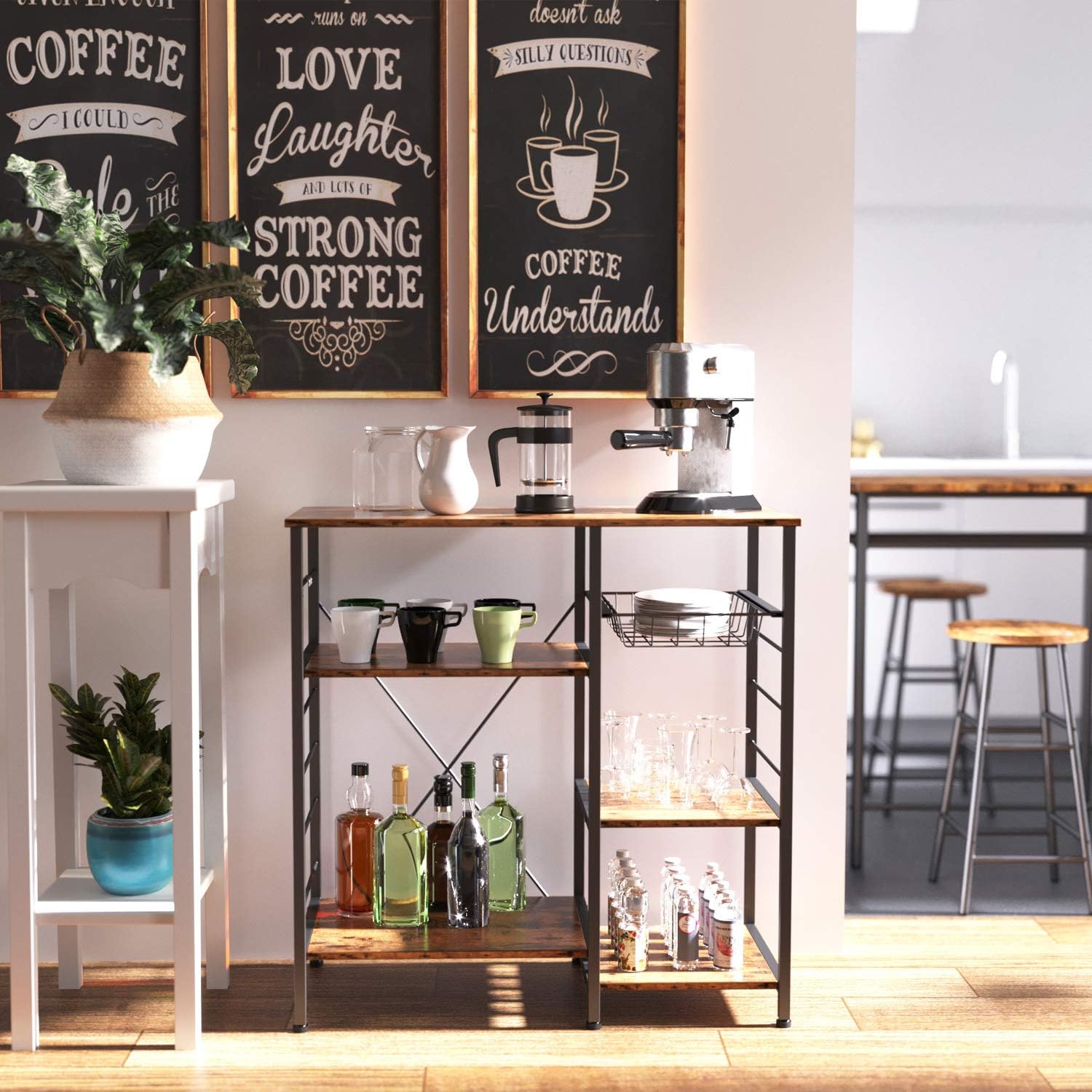IRONCK Industrial Kitchen Baker’s Rack, Kitchen Island Utility Storage Shelf, Coffee Bar Microwave Stand with 6 Hooks, Metal Frame, Simple Assembly, Vintage Brown - Standing Baker's Racks