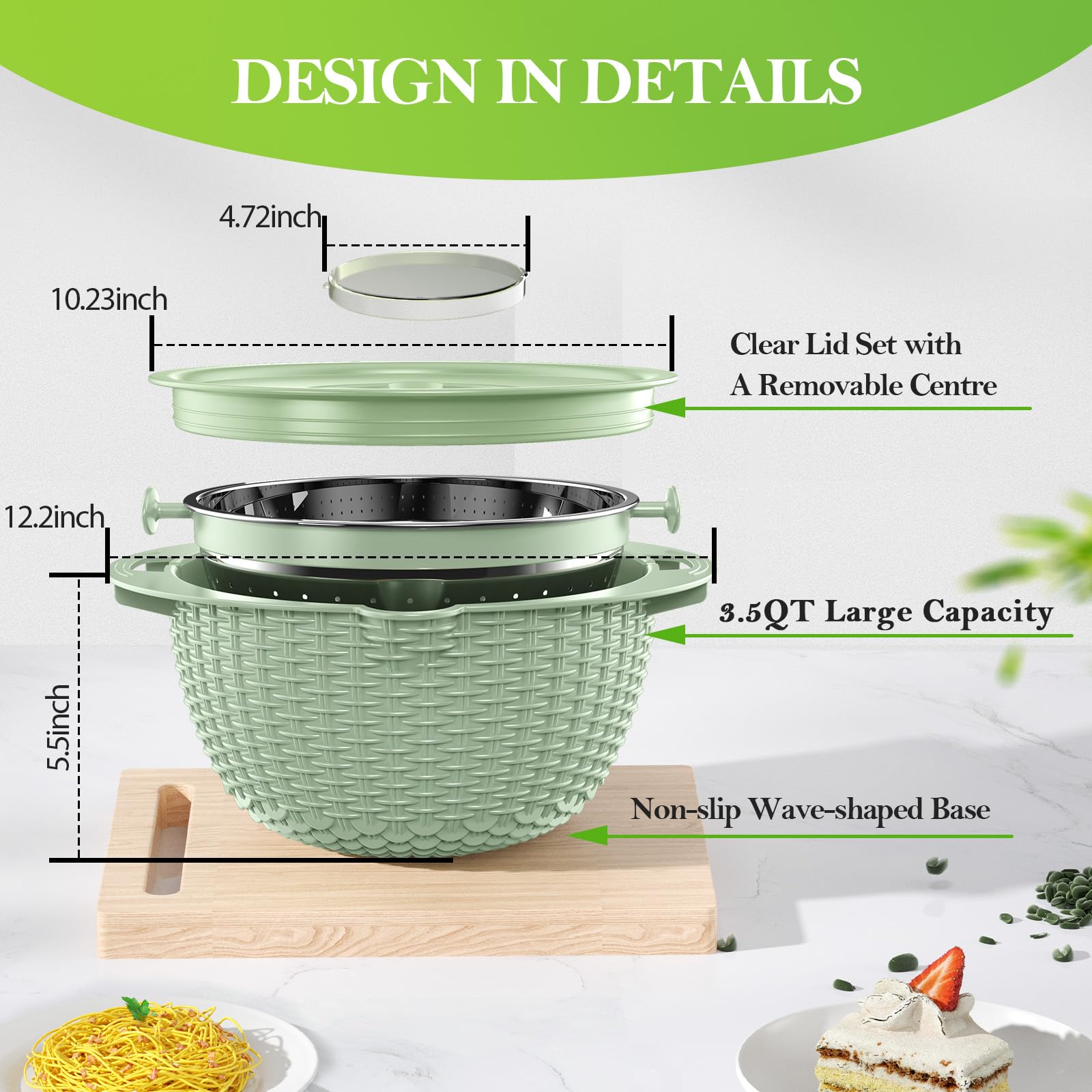 4-1 Colander with Bowl Set - Strainers for Kitchen, Food Strainers and Colanders, Pasta Strainer, Rice Strainer, Fruit Cleaner, Veggie Wash, Salad Spinner, Aesthetic Kitchen Essentials - Green