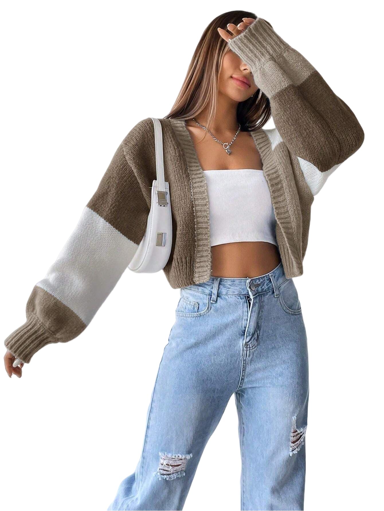 Photo 1 of ***ITEM CORRECT***SISKIN Fall Cropped Cardigan Sweaters for Women Lightweight,Color Block Oversized Cardigan Sweater Brown L