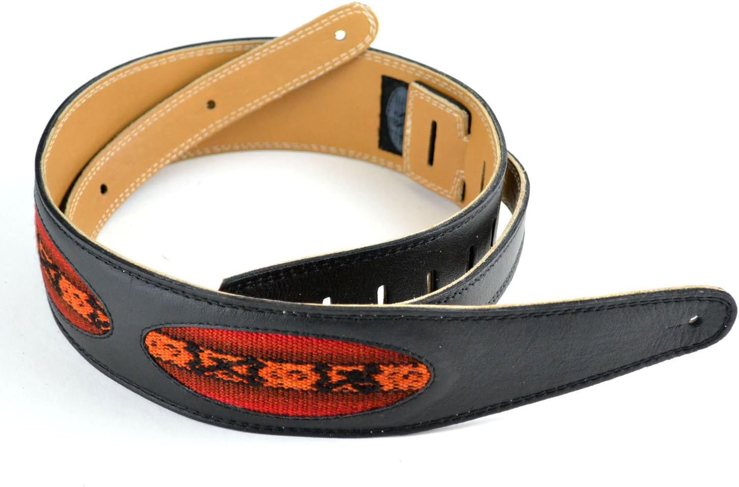 Pete Schmidt Handcrafted Leather Guitar Strap - Black with Peruvian Cloth Ovals