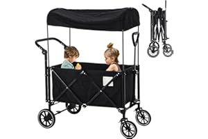 MOOITZ Stroller Wagon for 2 Kids, Foldable Wagon Stroller with 2 Seats and Removable Canopy, Foldable Stroller Wagon with Adjustable Push Pull Handle and Wheels for Beach, Garden, Park, Camping