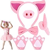 Exacoo Pink Pig Costume Set Fuzzy Pig Ears Nose Tail Hooves Gloves Bowtie Kit Animal Circus Costumes Dress Up Cosplay Decoration Cute Piglet Ears Piggy Ear Headband