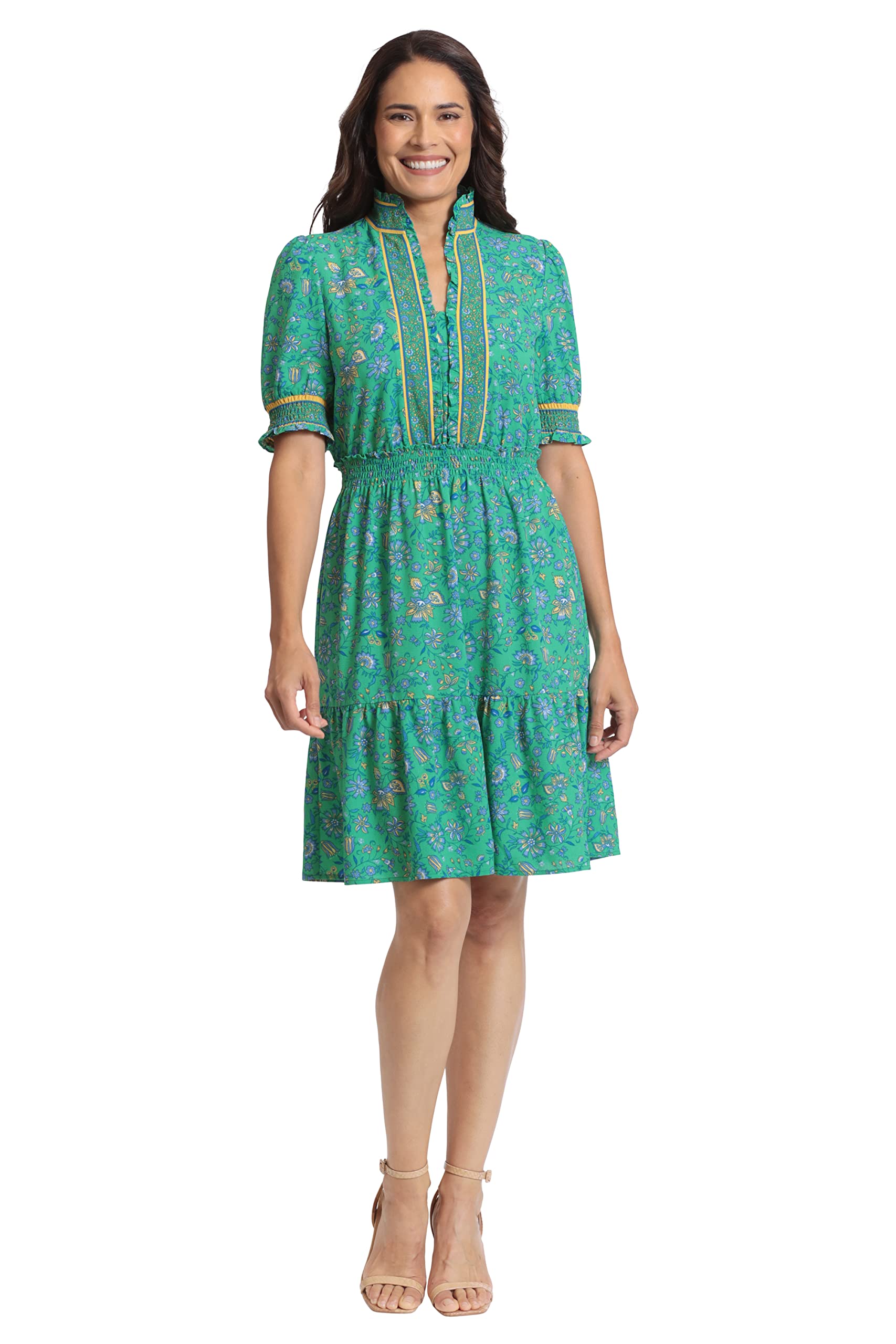 London Times Women’s Dress Easy Feminine Versatile Smocked Waist Ruffle Neckline, Green/Marigold, 4 Petite