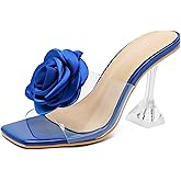 MAIERNISI JESSI Women Flowers High Heels Mules Sandals Square Toe Slip on Dress Bridal Wedding Sandals