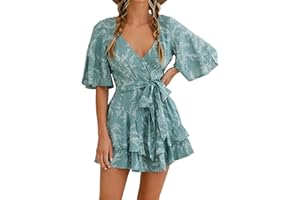 Relipop Women's Summer Romper Floral V Neck Short Sleeve Waist Tie Knot Ruffle Hem Short Casual Rompers Jumpsuits