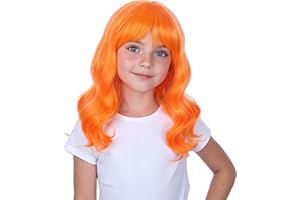 WAVELNM Kids Orange Wig with Bangs Girls Neon Orange Wig Short Wavy Curly Child Wigs Kids Daily Halloween Party Cosplay Wigs