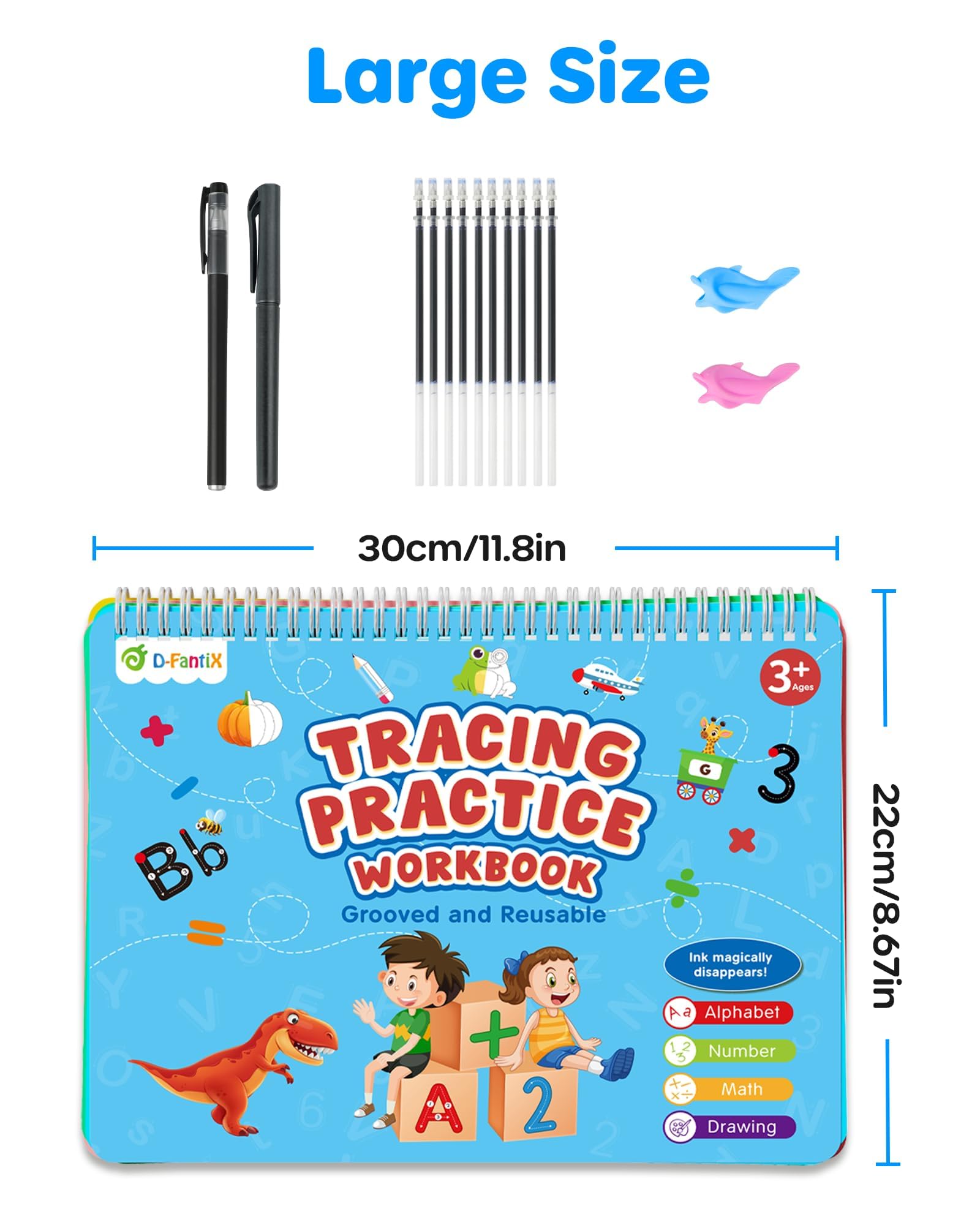 D-FantiX 4 in 1 Large Magic Grooved Writing Practice for Kids Age 3-5, Reusable Grooved Handwriting Practice for Kids 5-7, Learn to Write Number Letter Tracing Books for Kids Kindergarten Preschool