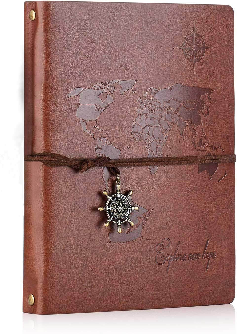 SEEALLDE Dariy A5 World Map Notebook Travel Journal Notebook Vintage Diary Refillable 100 Sheets/200 Pages 80GSM Acid-Free Paper