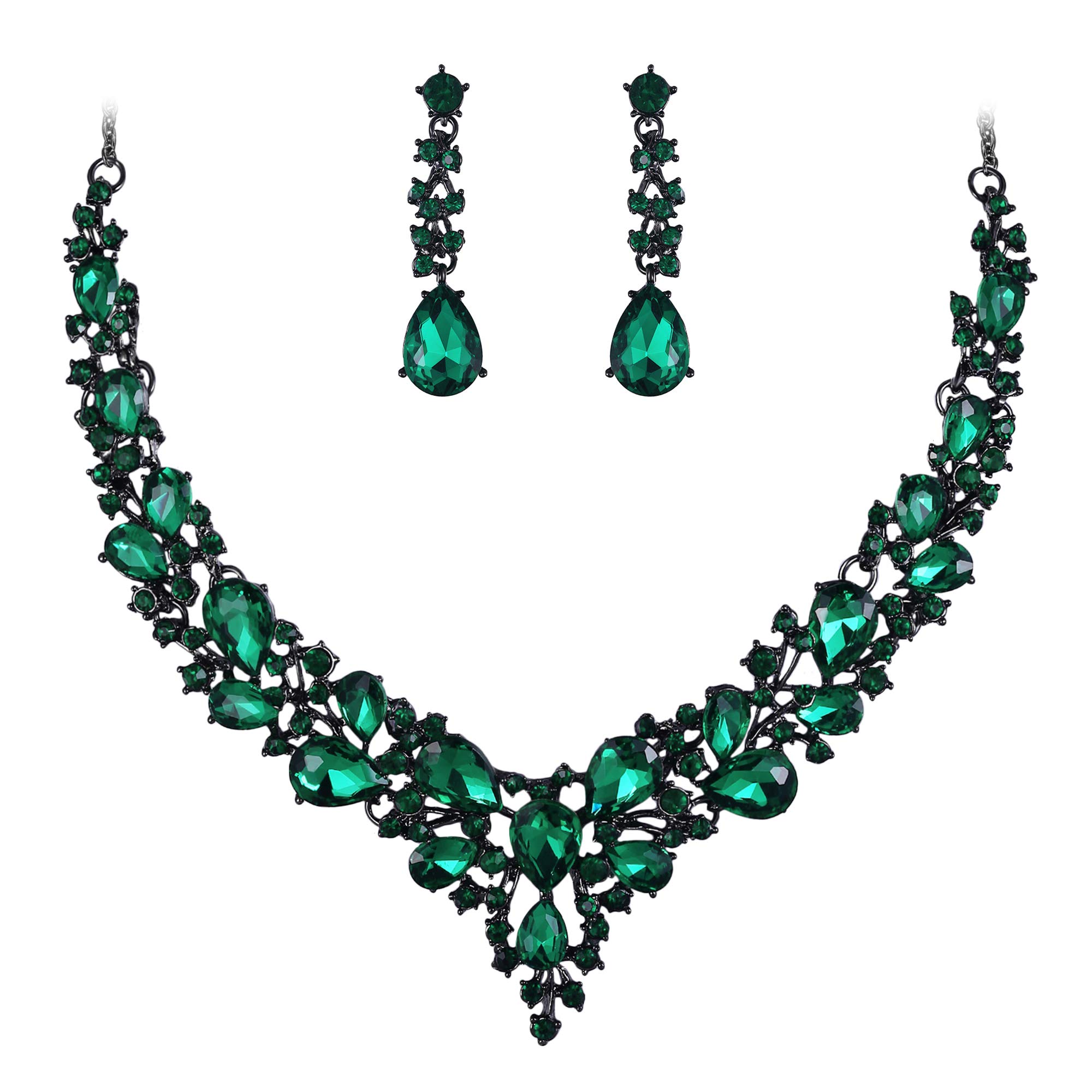 Ever Faith Wedding Bridal Crystal Sparkly Rhinestone Teardrop Cluster Statement Necklace Dangle Earrings Jewellery Set for Women Green Black-Tone