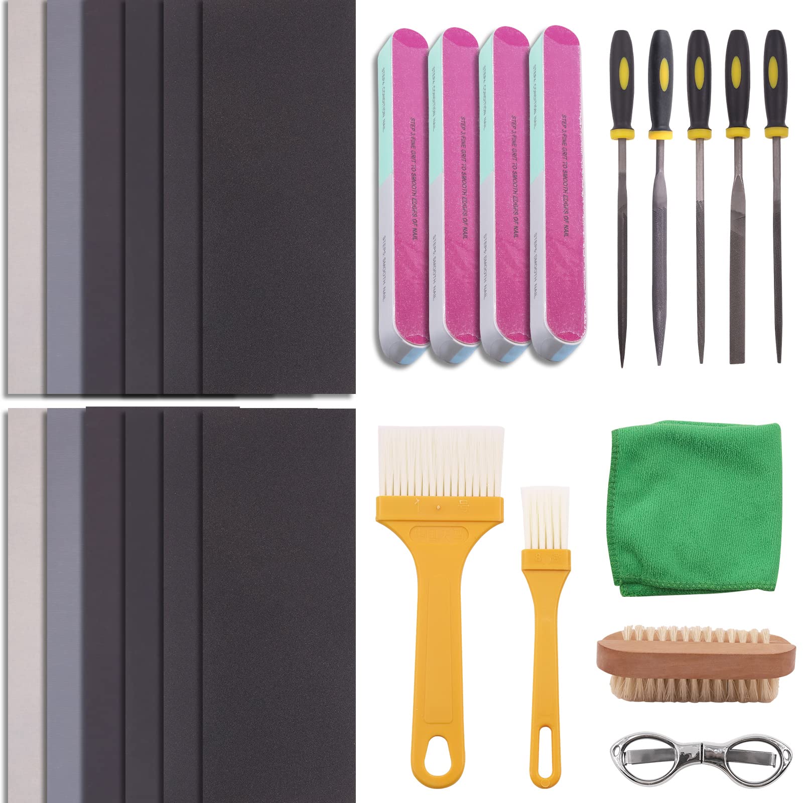 Rustark 26Pcs Resin Sanding and Polishing Casting Tools Assortment Kit Includes Sand Papers Metal Resin Files Polishing Blocks Scissors Brush Polishing Cloth for Polishing Epoxy Resin Jewelry Making