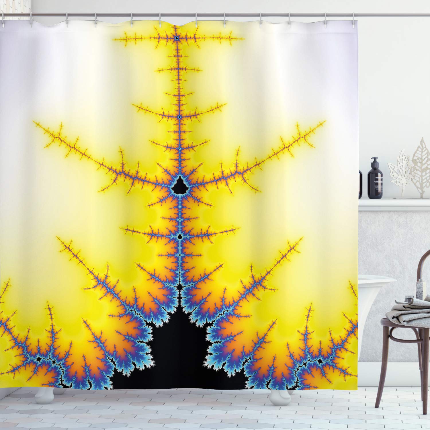ABAKUHAUS Fractal Shower Curtain, Psychedelic Digital Art, with 12 Rings Set Full of Modern, 86" Inches, Brown Yellow Blue